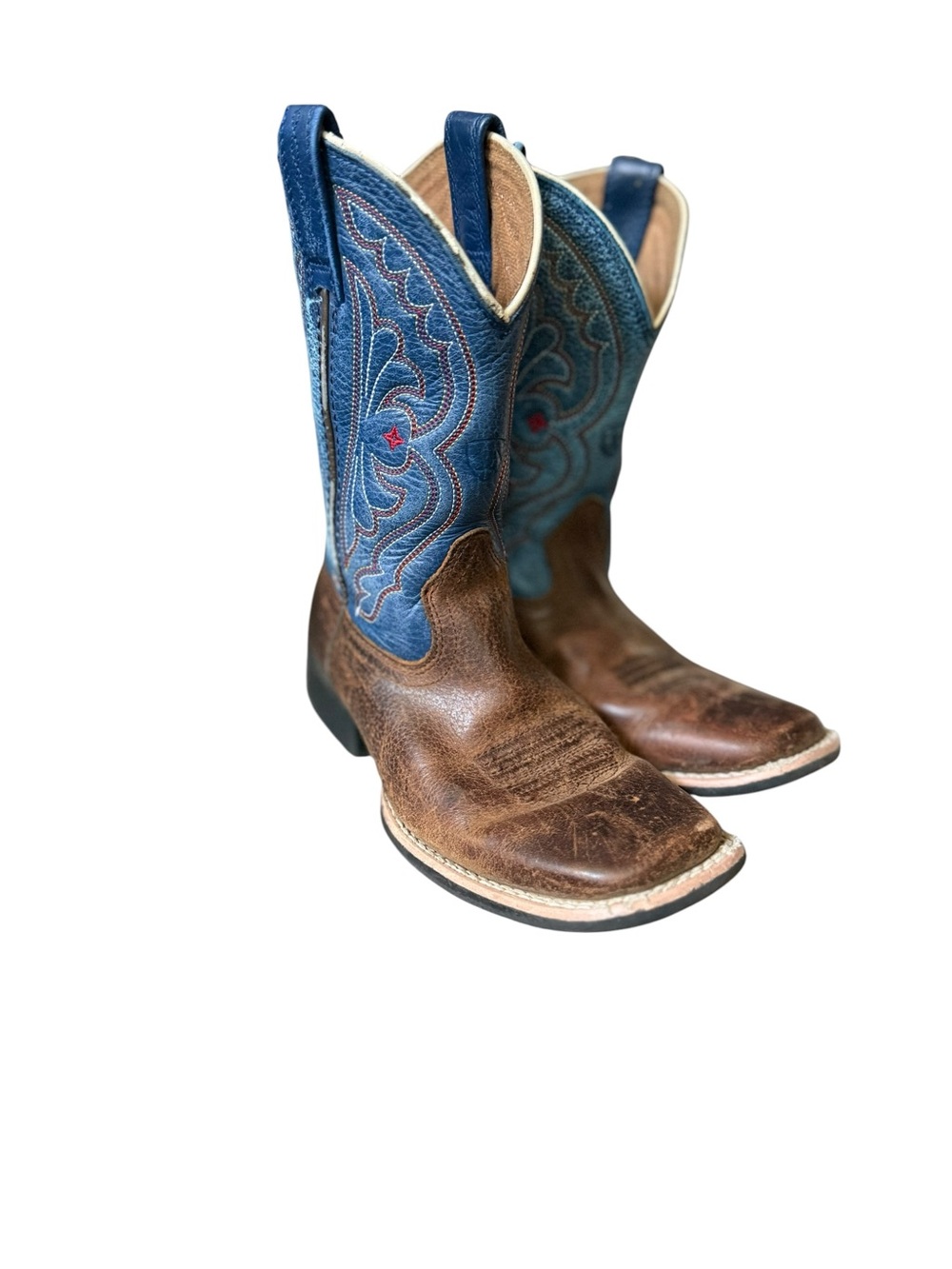Ariat Brown Leather Foot with Blue Embroidered Shaft Cowboy Boots